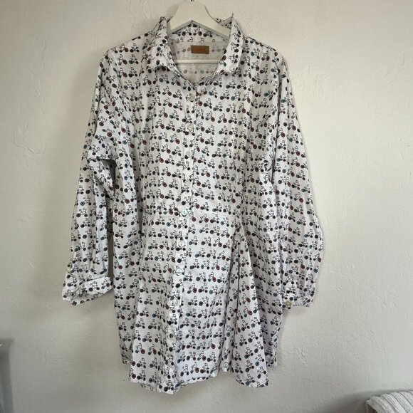 Tulip Womens White Bicycle Print Button-Down Long Sleeve Tunic Top Blouse Large - Picture 1 of 8